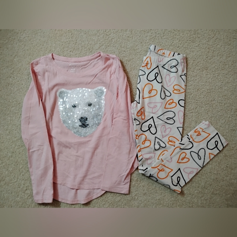 VGUC Pink Bear Long Sleeve Shirt with Heart Print Leggings - Sz 10-12